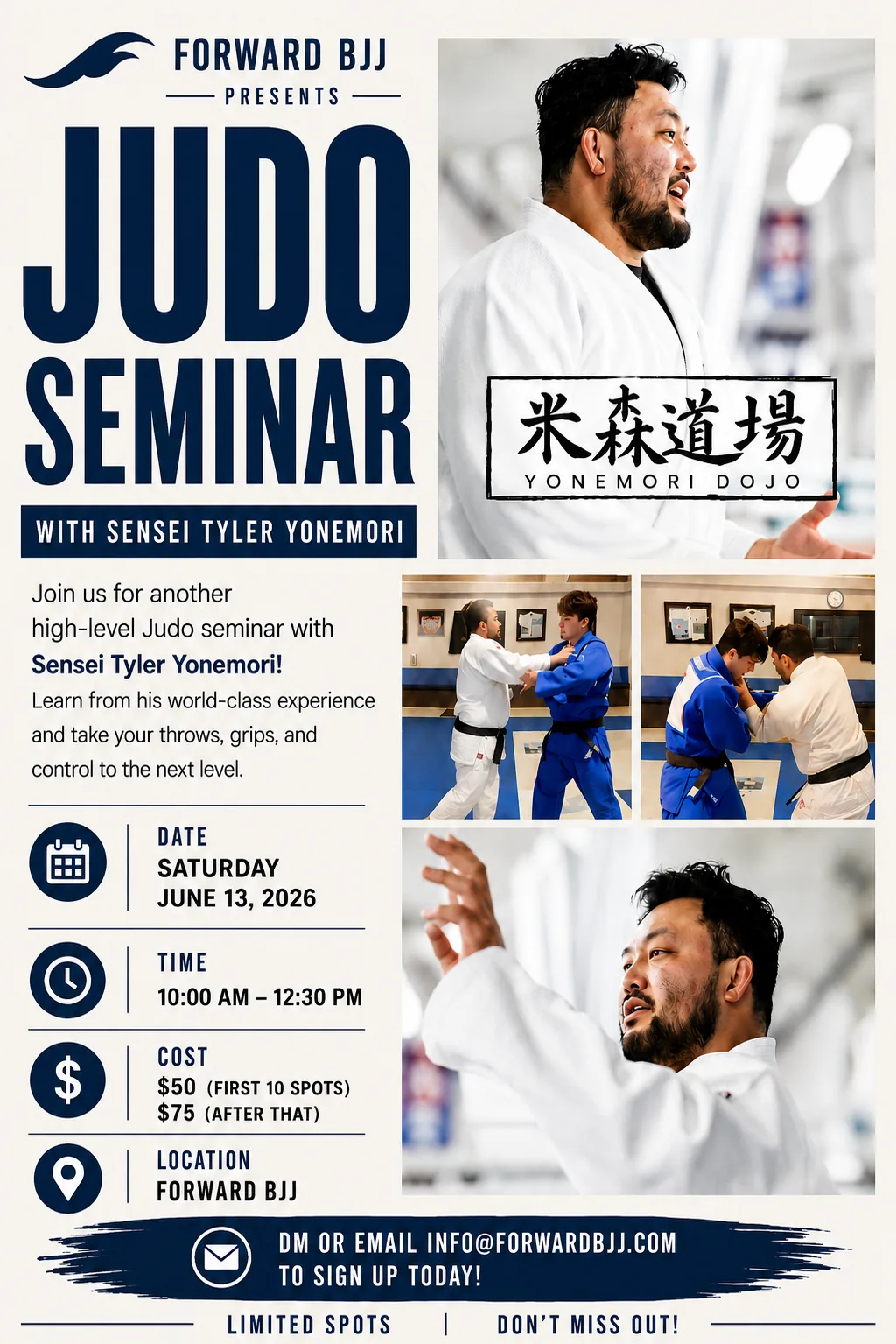 Judo Seminar with Sensei Tyler Yonemori flyer with registration QR code